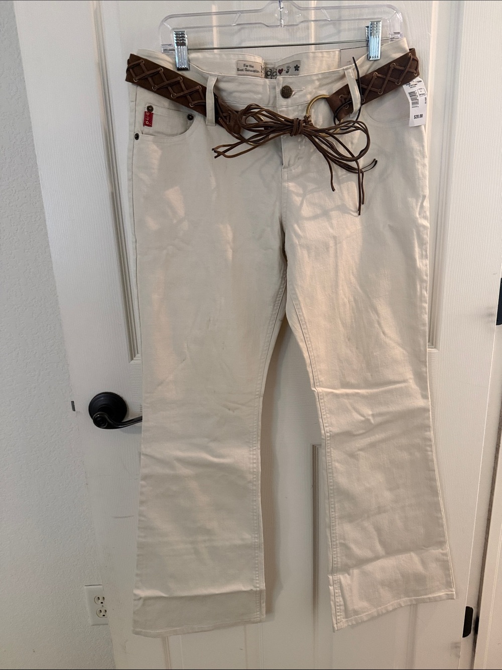 Y2K Mudd Cream Pants with Brown Braided Fringe Belt